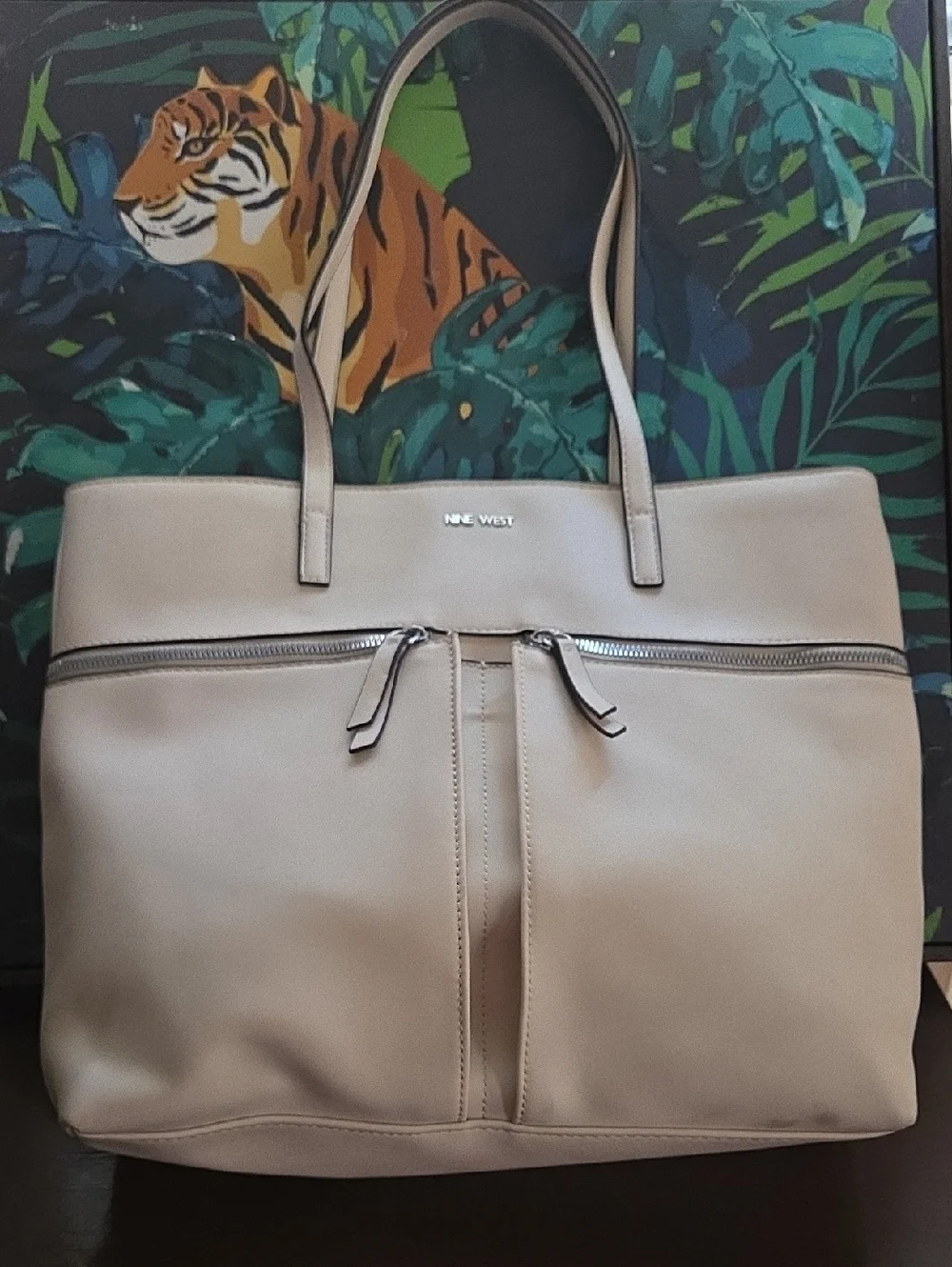 Nine West Beige Leatherette Tote with Front Zip Detail